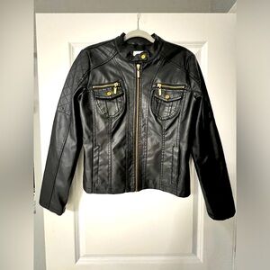 Miss Selfie Faux Leather Jacket with Gold Detail